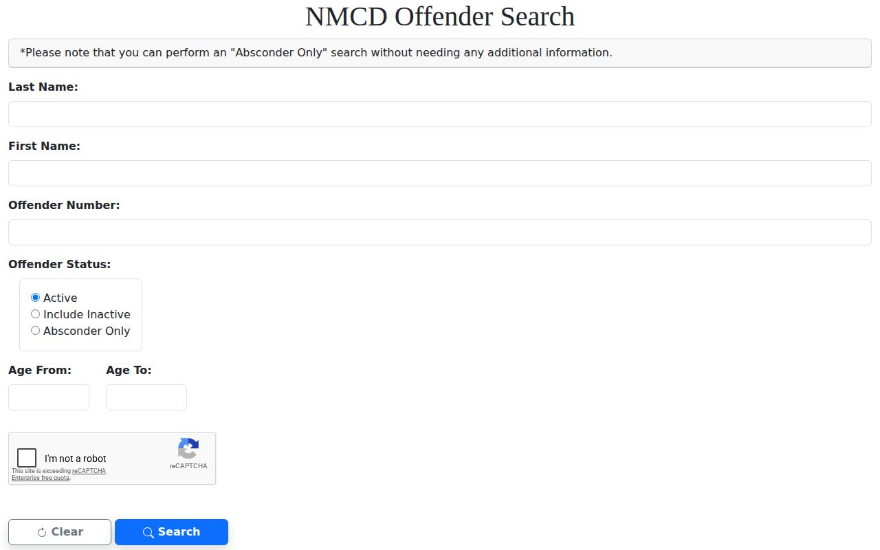 NMCD search fields for Catron County released state inmates